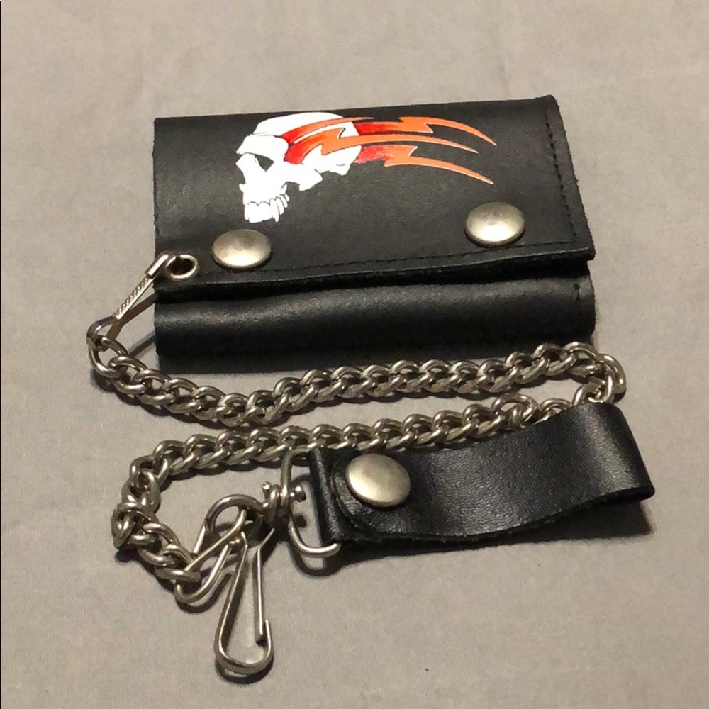 Leather biker skull print wallet.